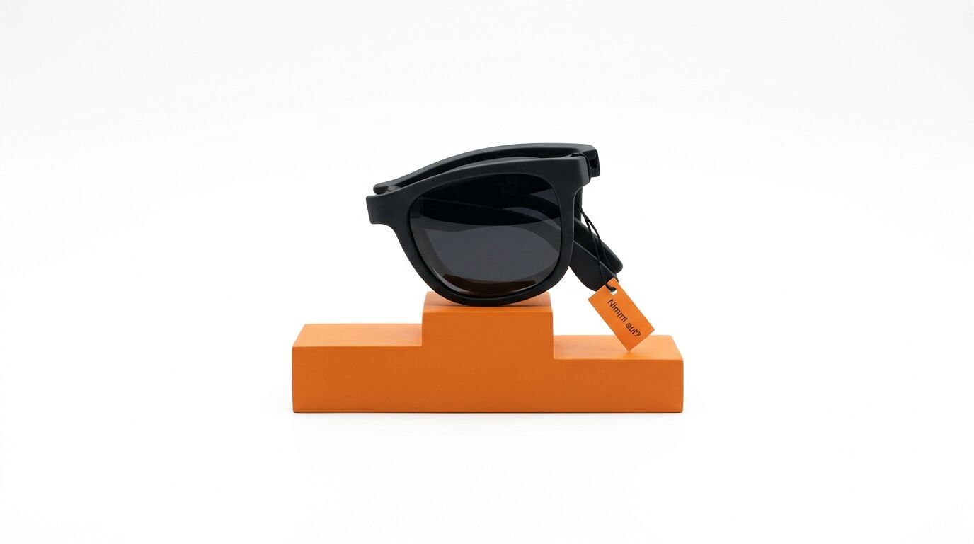 Gefaltete schwarze Sonnenbrille auf orangefarbenem Podest mit Etikett vor weißem Hintergrund