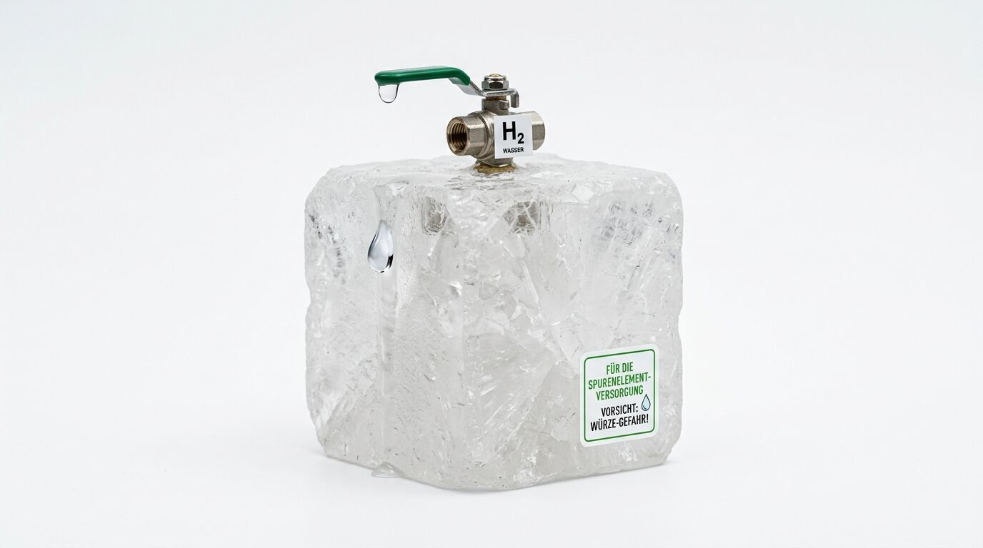 Eisblock mit Wasserhahn und Aufkleber „H₂ WASSER“ und Warnhinweis