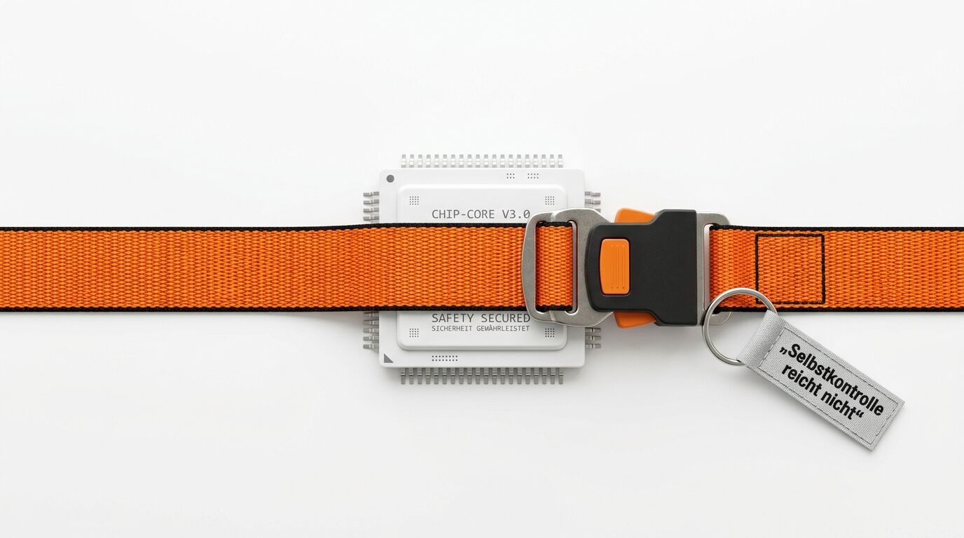 Oranges Gurtband mit Schnalle, Chip-Modul und Stoffanhänger auf weißem Hintergrund