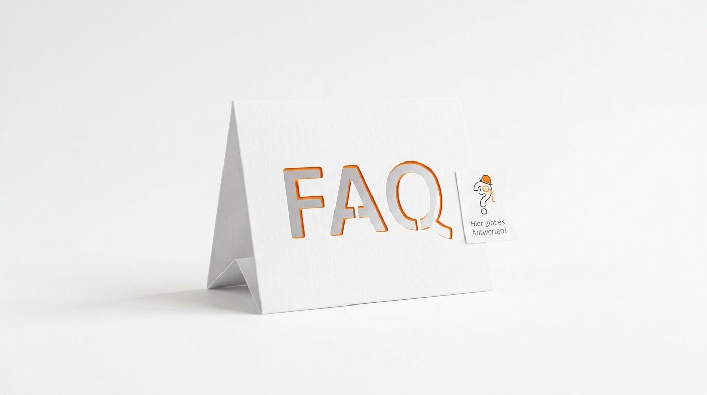 Eine weiße Aufstellkarte mit orangefarbener „FAQ“-Ausstanzung und einem kleinen Schild