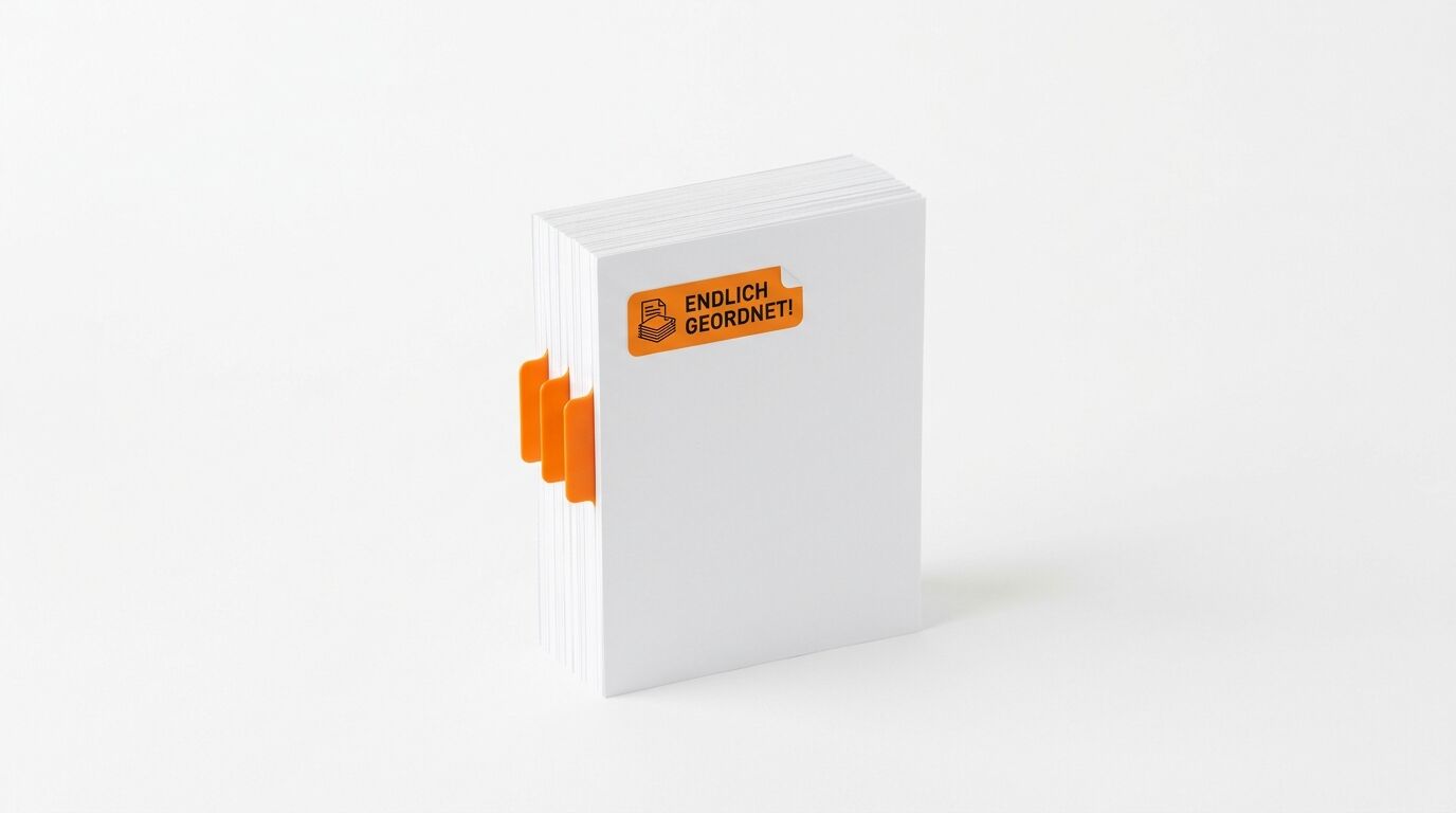 Weißer Stapel mit orangefarbenen Registerreitern und Sticker
