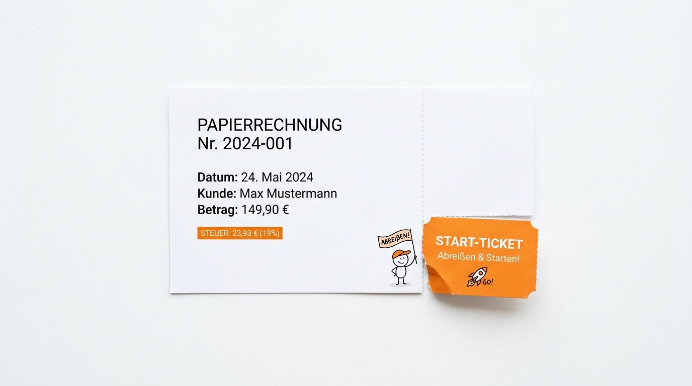 Papierrechnung Nr. 2024-001 vom 24. Mai 2024 mit Start-Ticket-Coupon in Orange