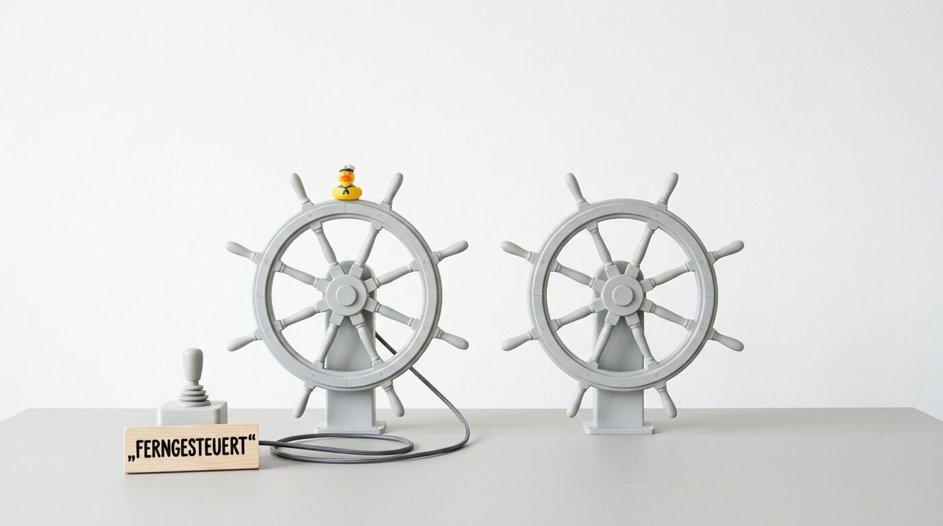 Zwei graue Steuerräder, ein Joystick, eine Badeente und ein Schild mit der Aufschrift „FERNGESTEUERT“