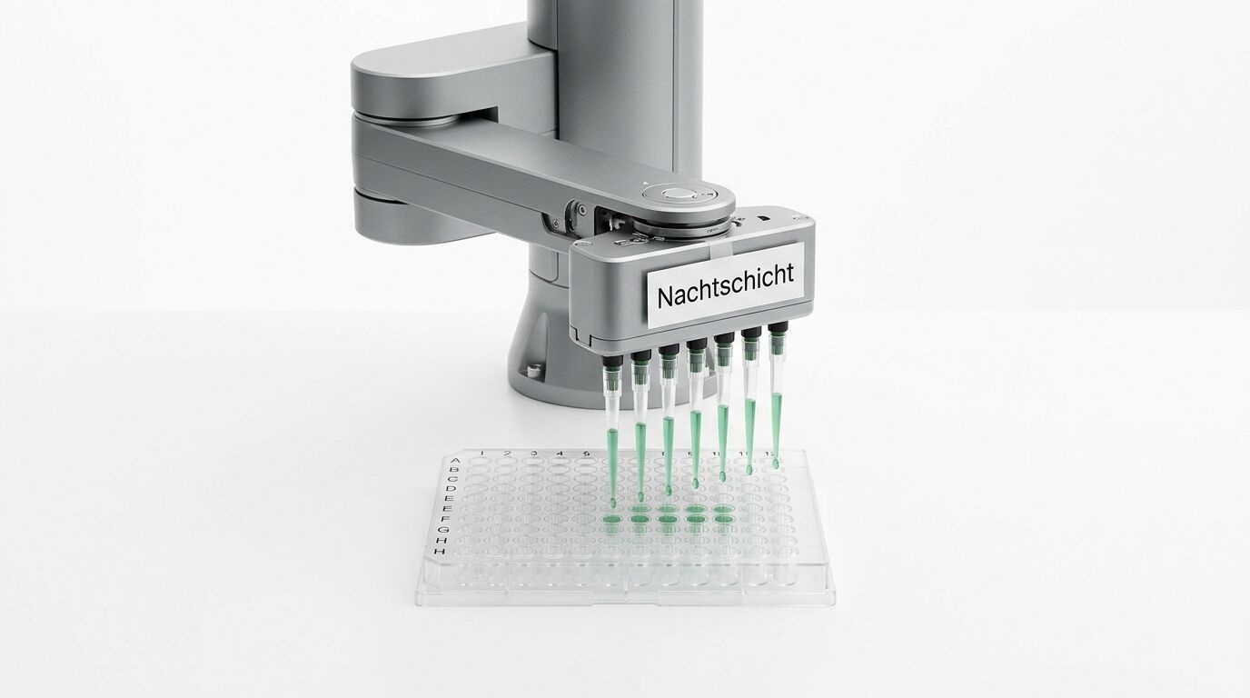 Laborroboter pipettiert mit acht Spitzen grüne Flüssigkeit in eine Mikrotiterplatte