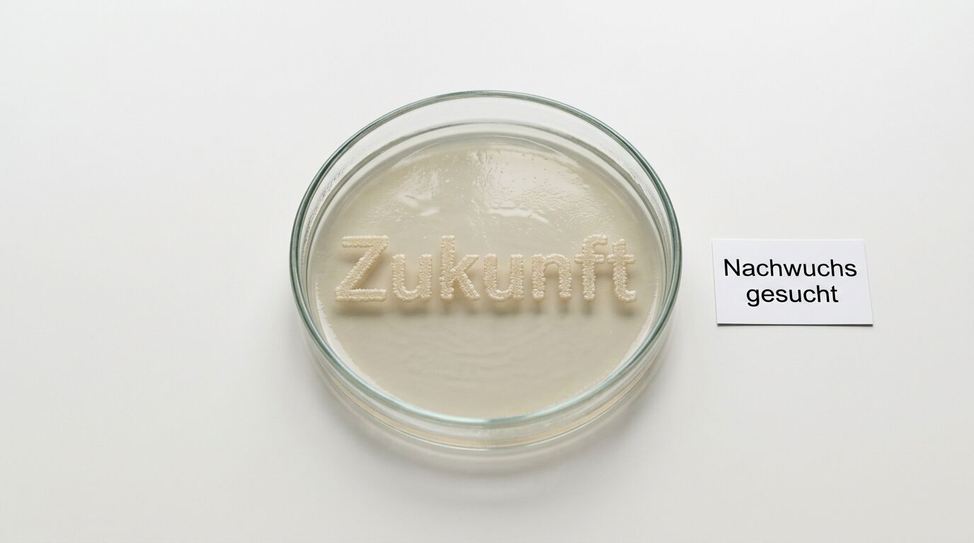 Petrischale mit Schriftzug „Zukunft“ und Kärtchen „Nachwuchs gesucht“ auf weißem Grund