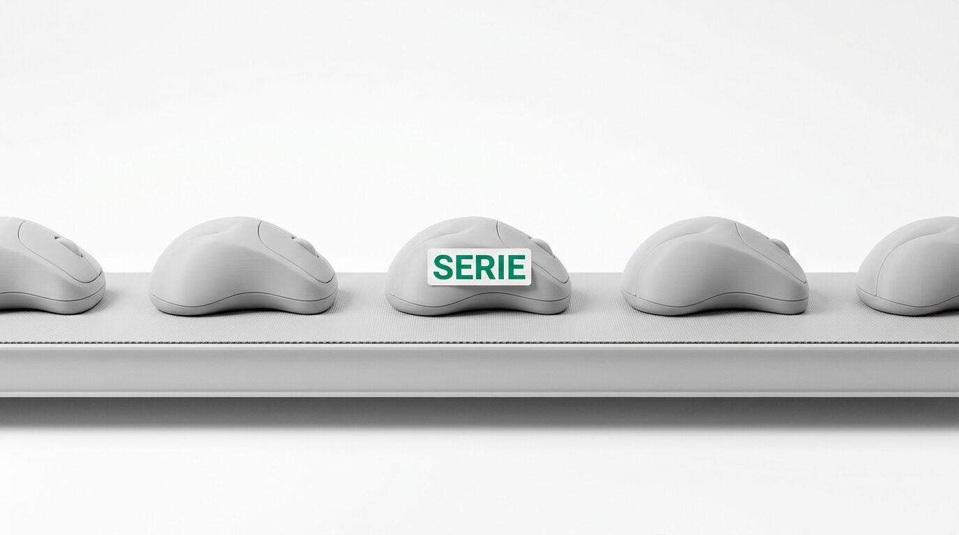 Eine Reihe identischer grauer Computermäuse, eine davon mit grünem „SERIE“-Schild
