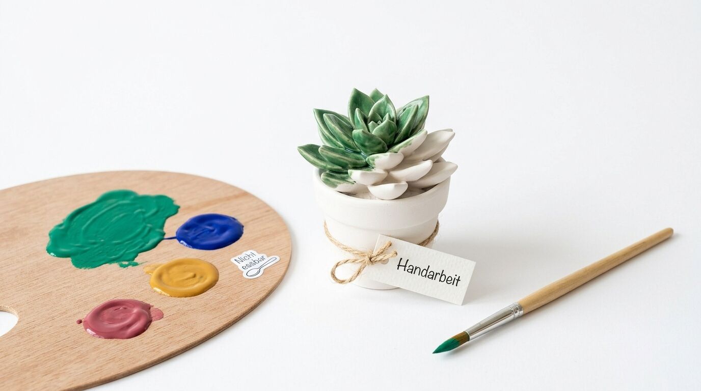 Keramik-Sukkulente, Mischpalette mit Acrylfarben und Pinsel auf weißem Untergrund