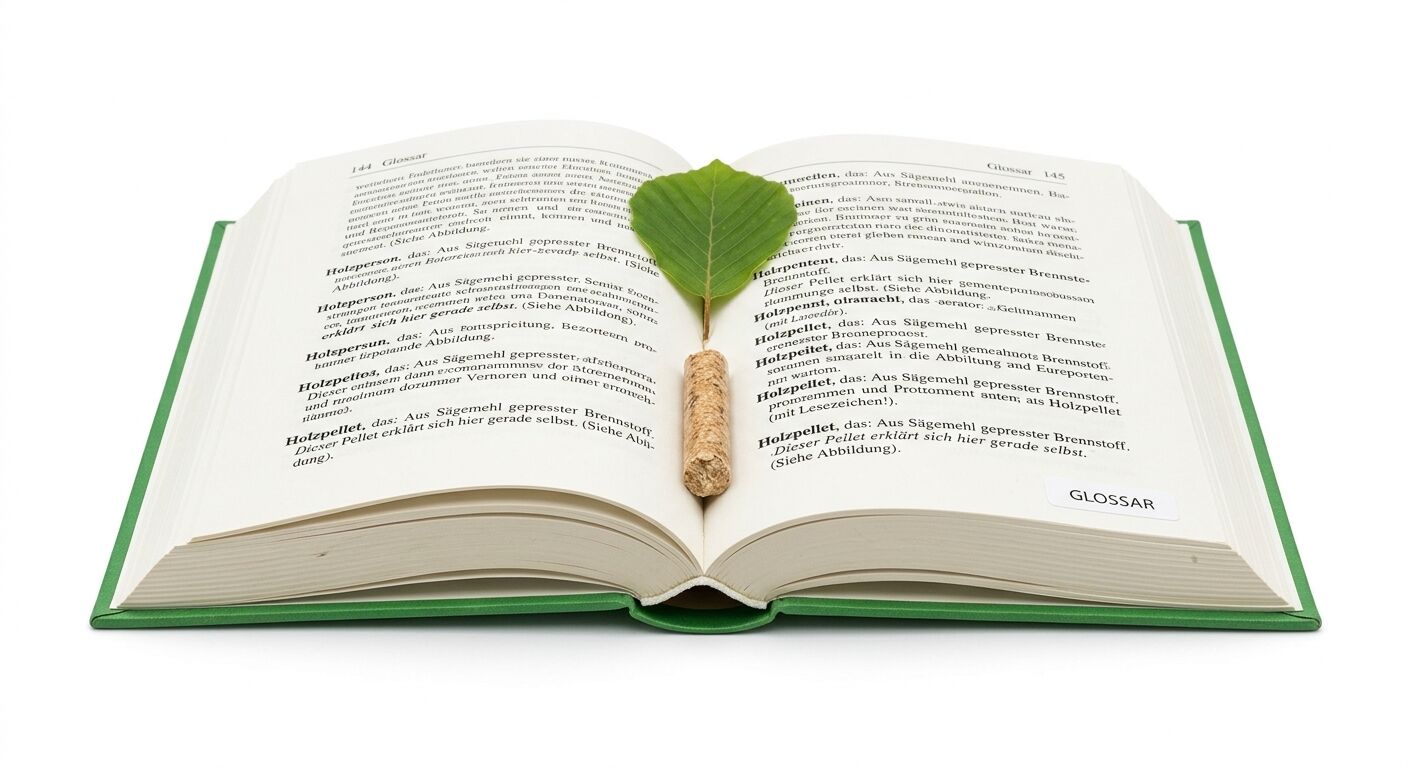 Aufgeschlagenes Buch (Lesezeichen 'Holzpellet'), ein Blatt aus einem Holzpellet wachsend in der Mitte
