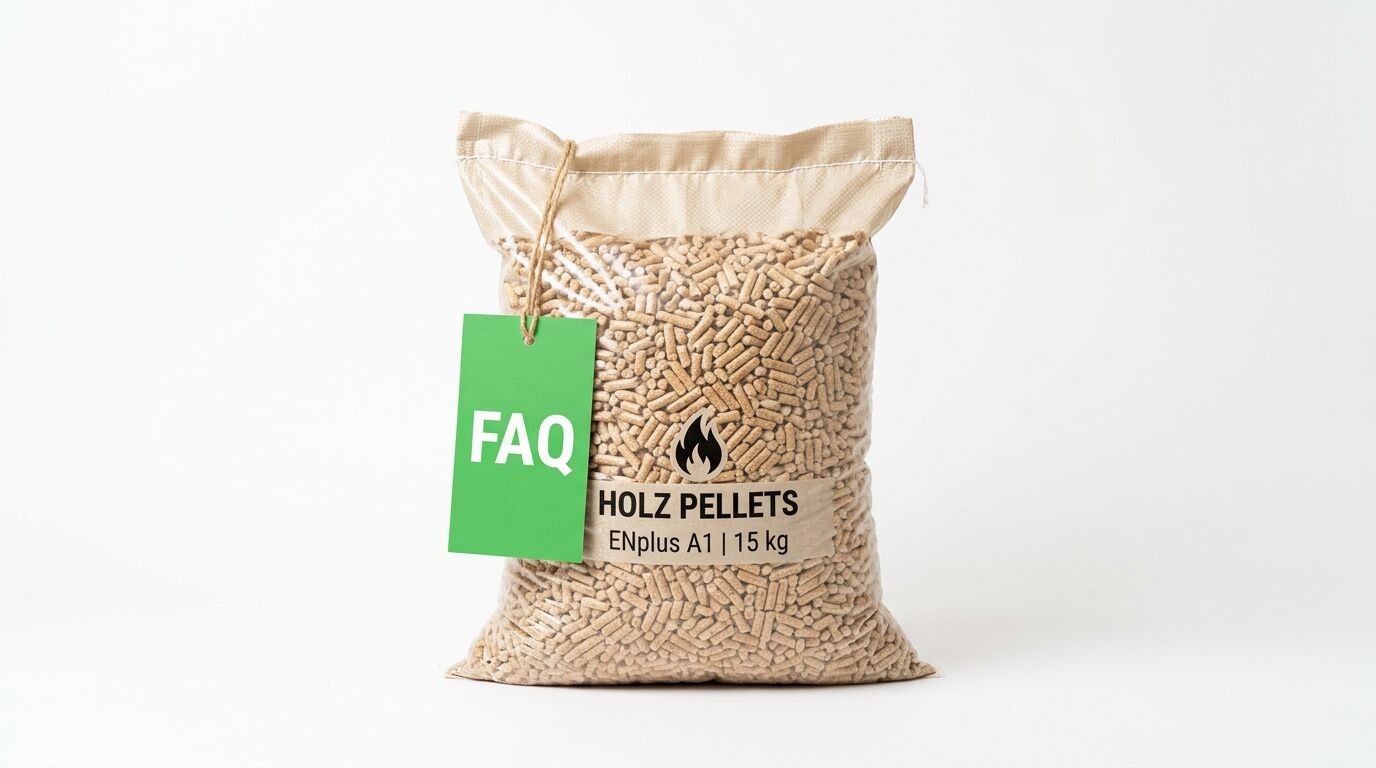 15kg Sack Holzpellets ENplus A1 mit einem grünen FAQ-Schild auf weißem Hintergrund