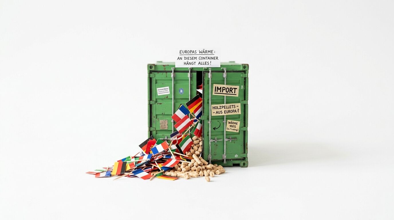 Modellcontainer mit Holzpellets und europäischen Flaggen, Text zur Herkunft