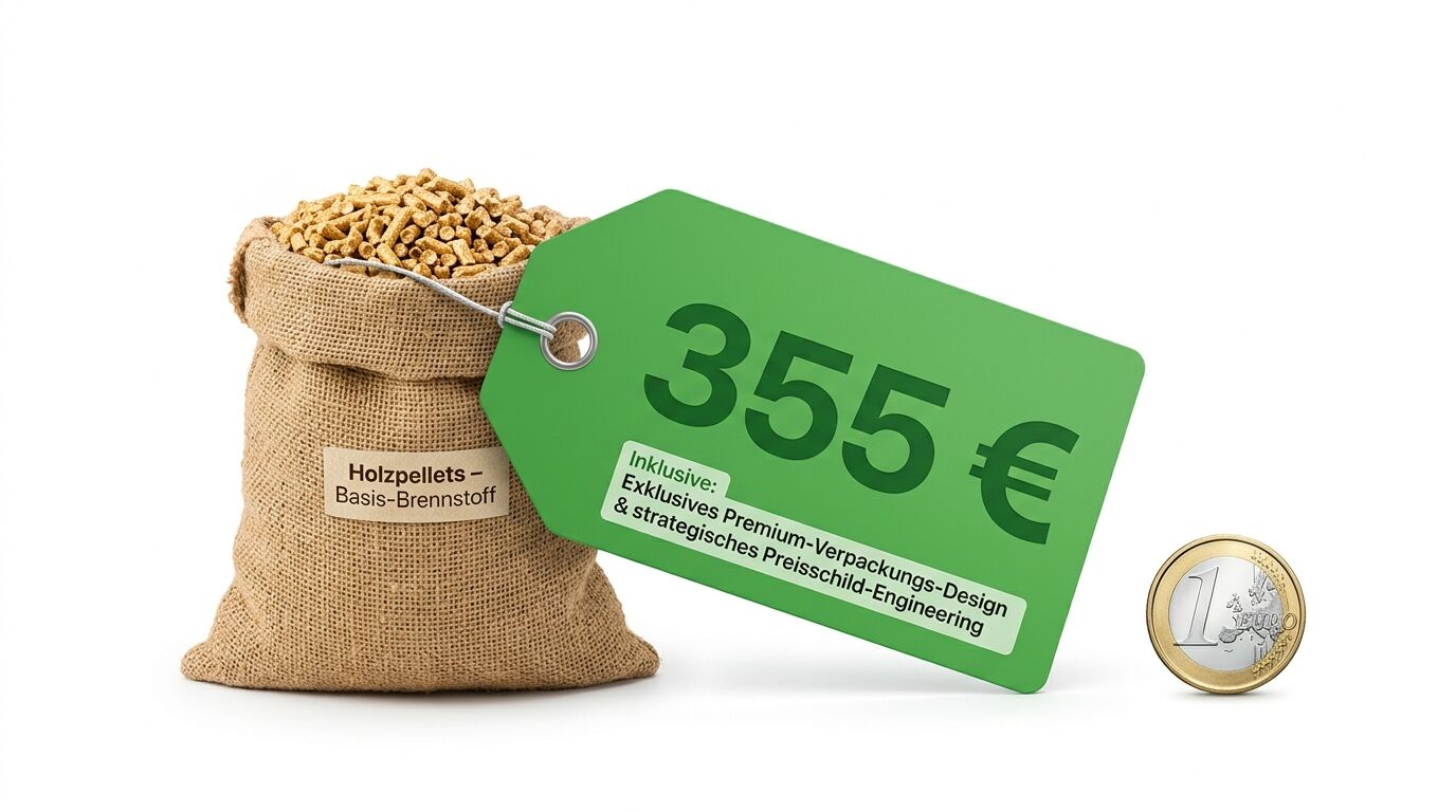 Jutesack mit Holzpellets, grünes Preisschild (355 €) mit Text, 1-Euro-Münze, weißer Hintergrund