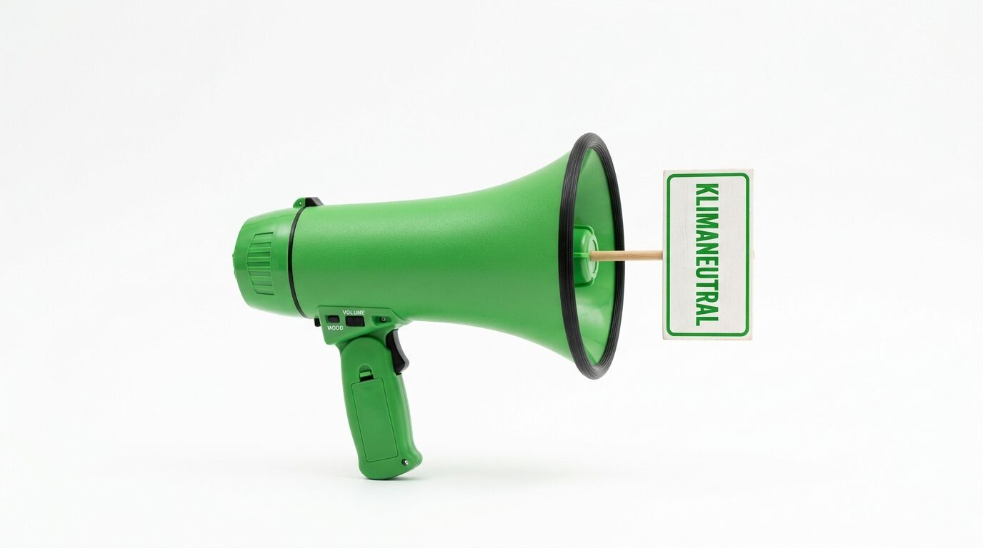 Grünes Megaphon mit kleinem Schild und Aufschrift