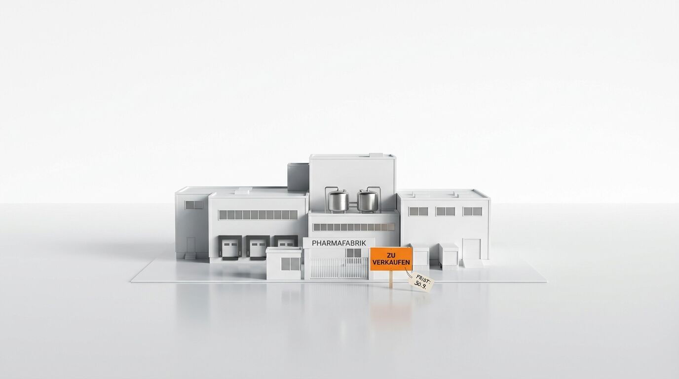 Modell einer Pharmafabrik mit einem orangefarbenen Schild „Zu Verkaufen“