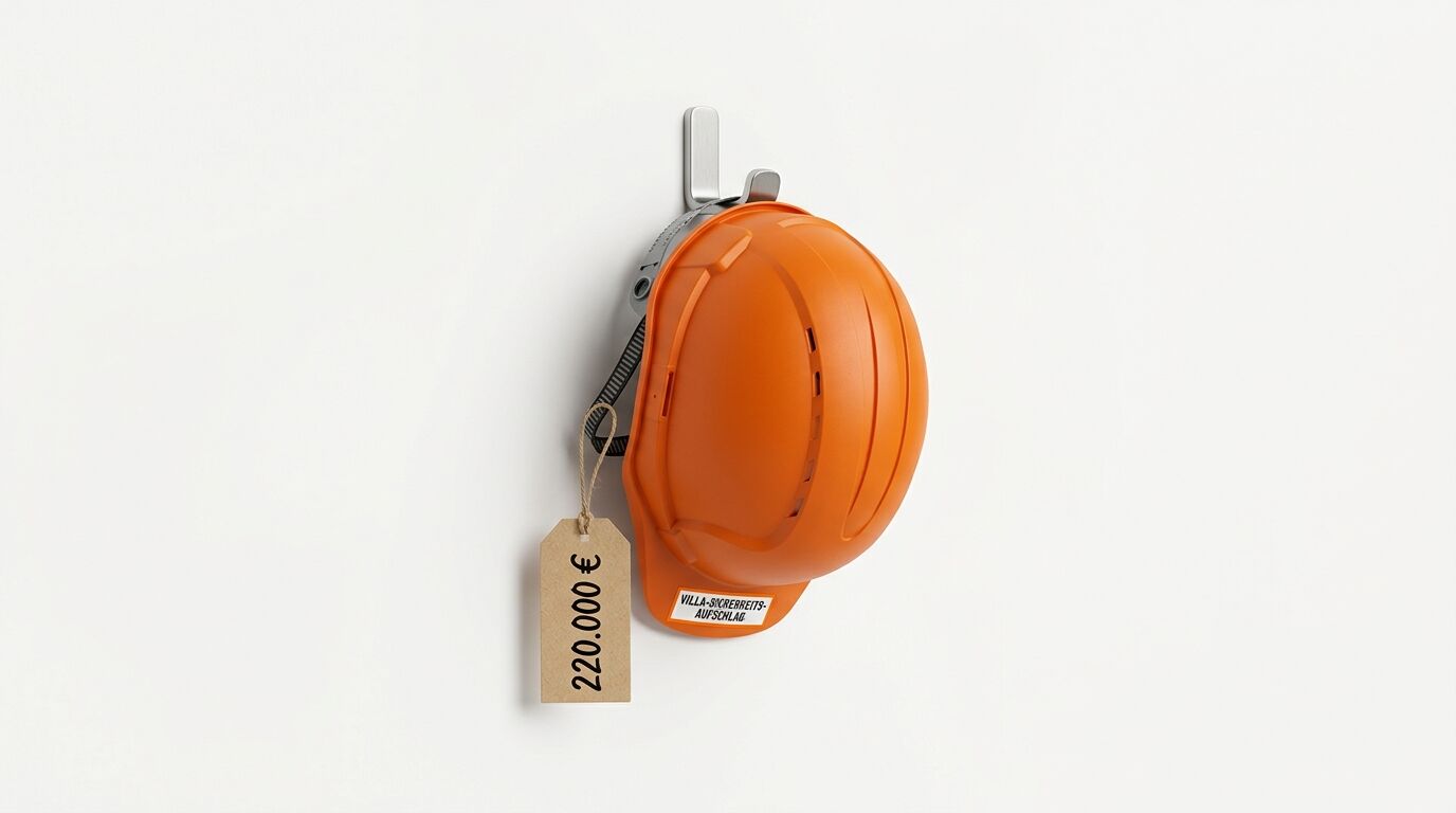 Ein oranger Helm hängt an einem Haken, mit einem Preisschild von 220.000 €
