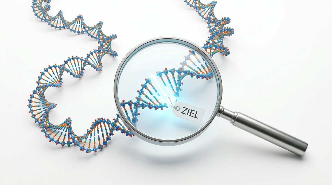 Vergrößertes DNA-Segment unter Lupe mit Anhänger „ZIEL“ und Lichtstrahl auf weißem Grund