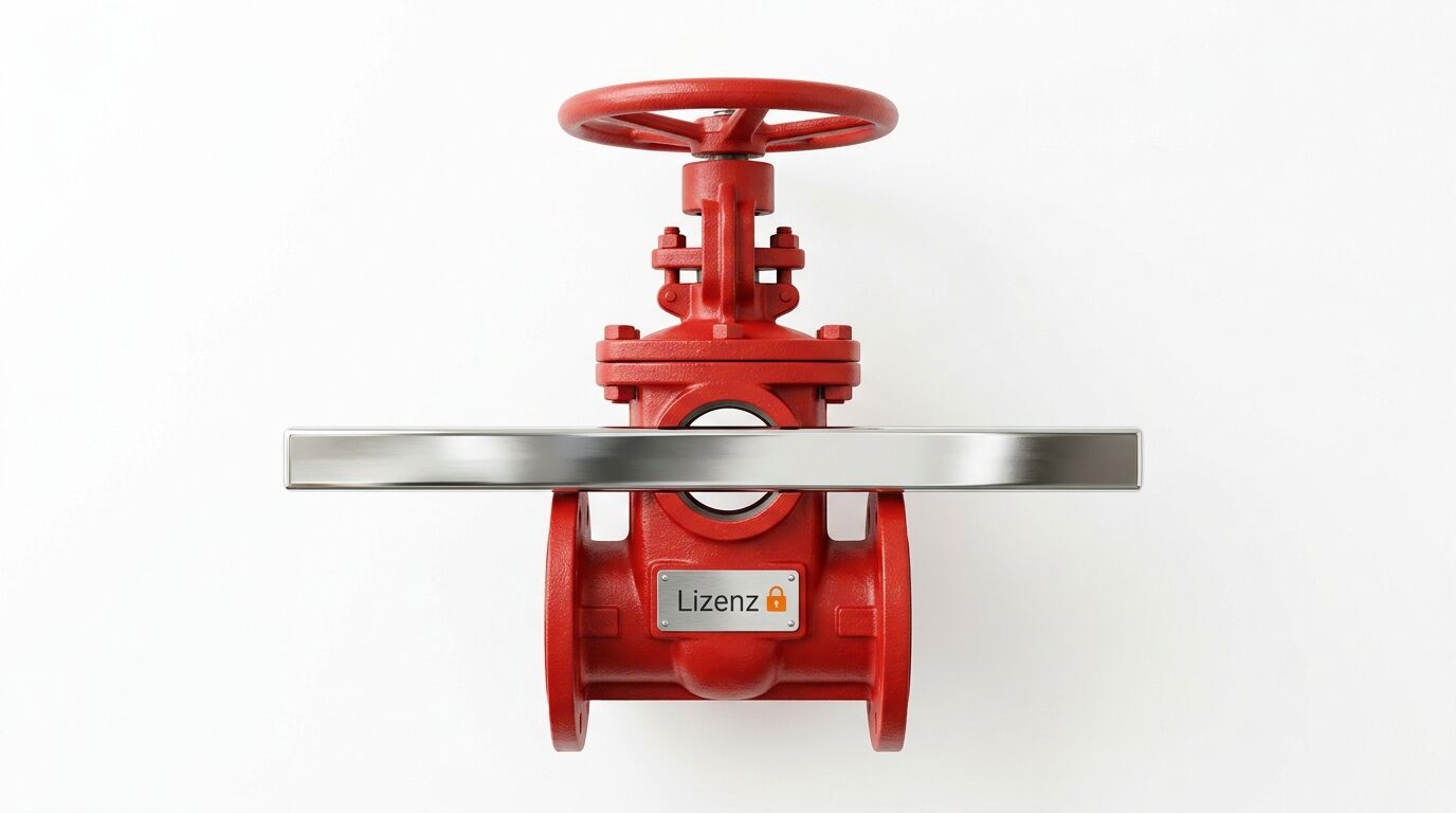 Rotes Absperrventil mit dem Label „Lizenz“ und einem Schloss-Icon, gesperrt durch einen Metallriegel