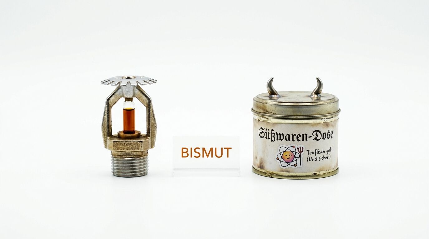 Ein Sprinklerkopf neben einem Schild mit der Aufschrift „BISMUT“ und einer Metall-Süßwaren-Dose