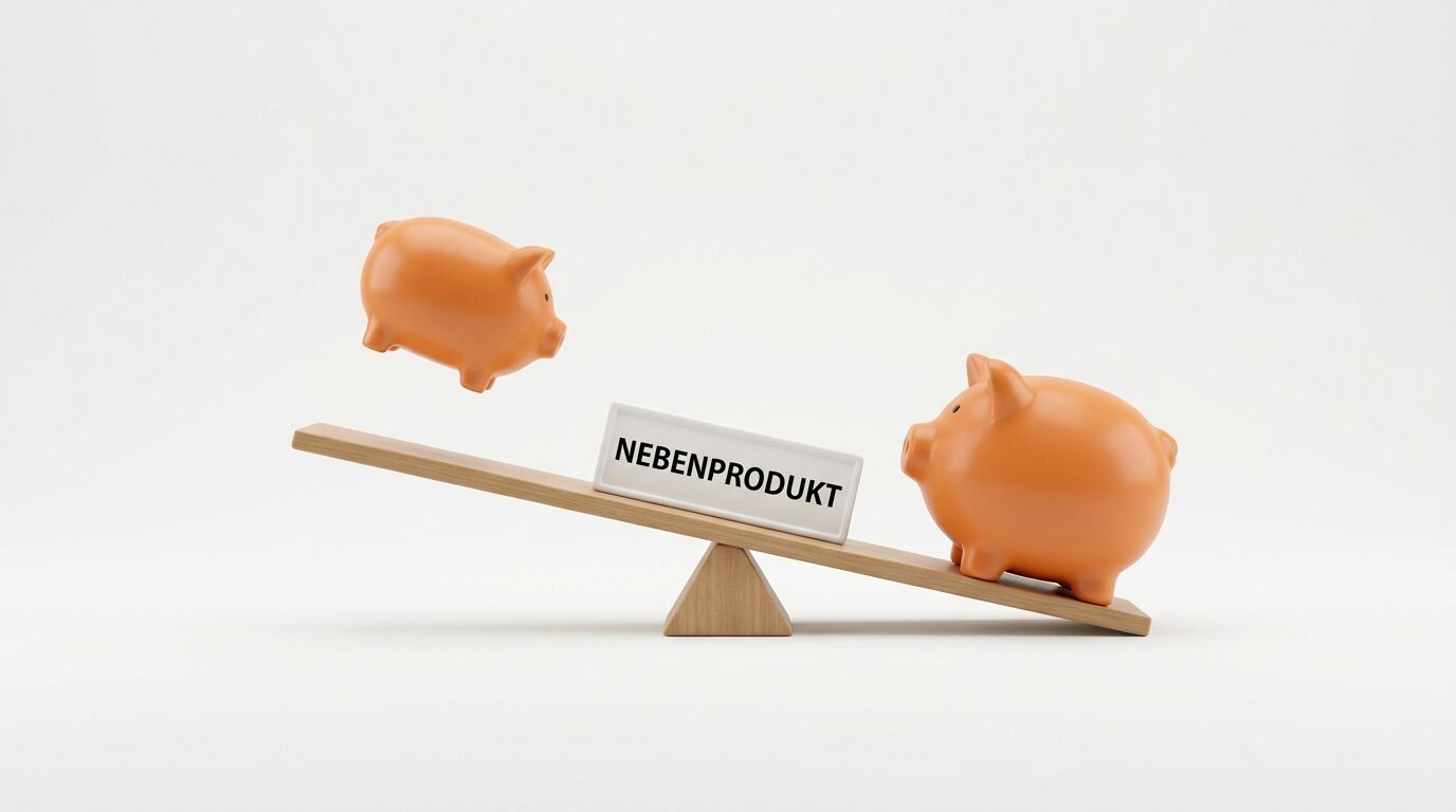 Zwei Sparschweine auf Wippe, rechtes unten mit Block „NEBENPRODUKT“; linker Teil oben