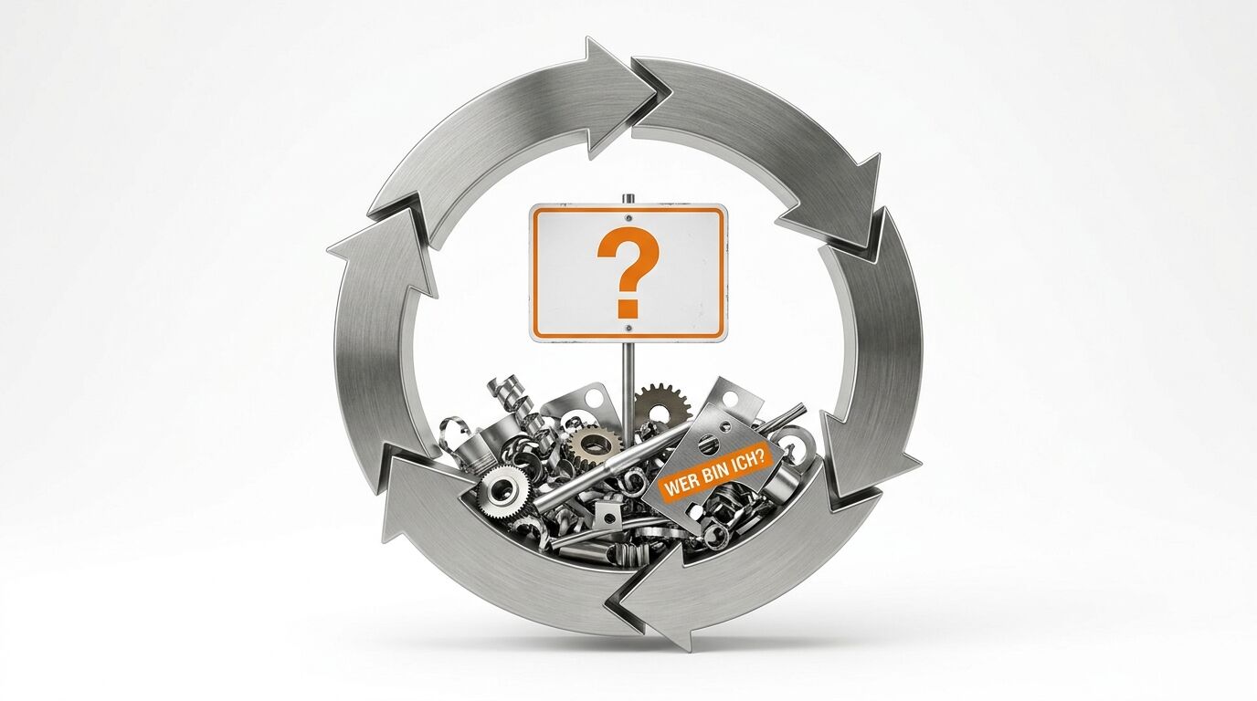 Schild mit Fragezeichen und „WER BIN ICH?“ in Metall-Recycling-Kreis auf Weiß