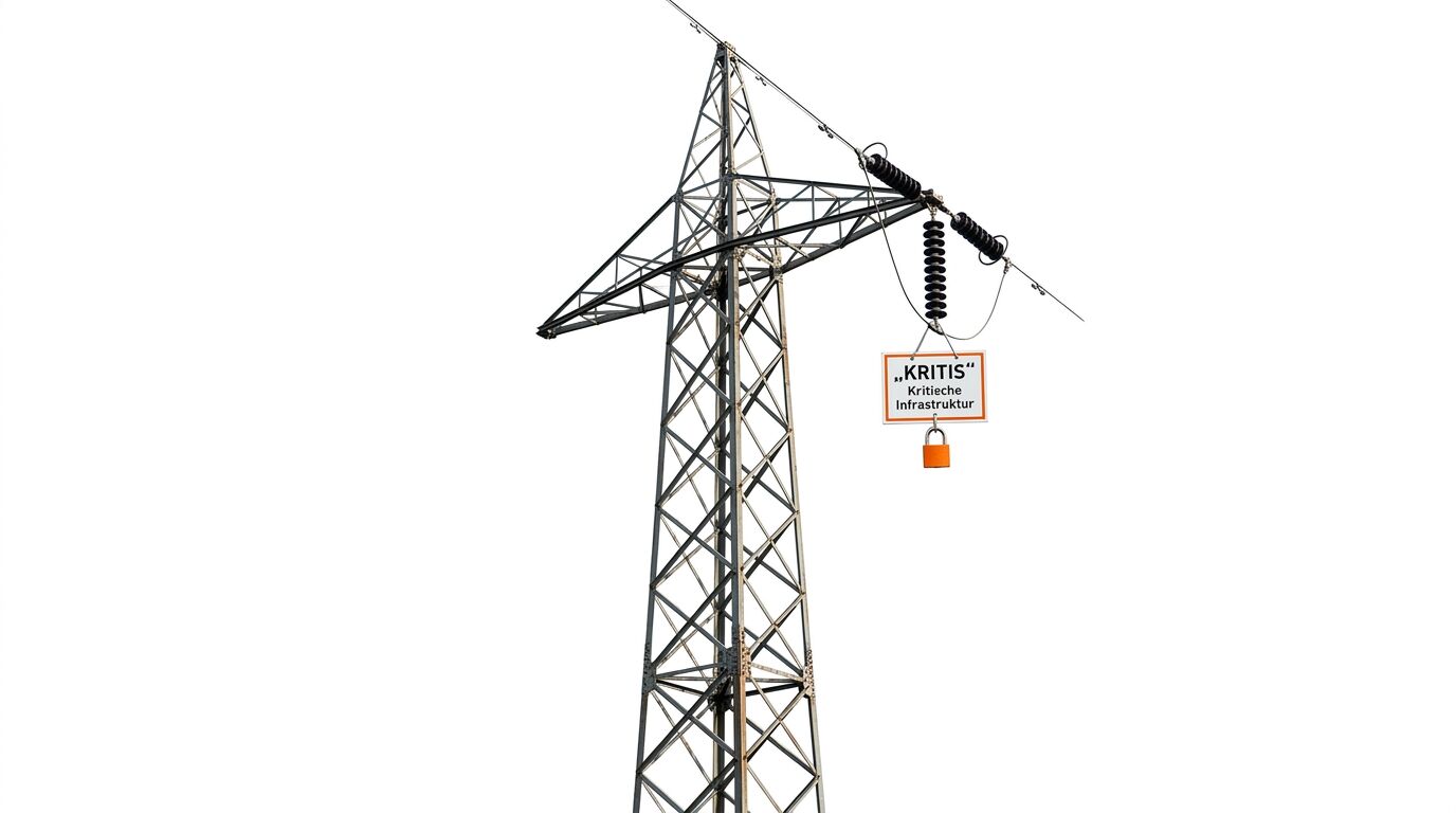 Strommast mit Schild „KRITIS – Kritische Infrastruktur“ und Vorhängeschloss vor weißem Hintergrund