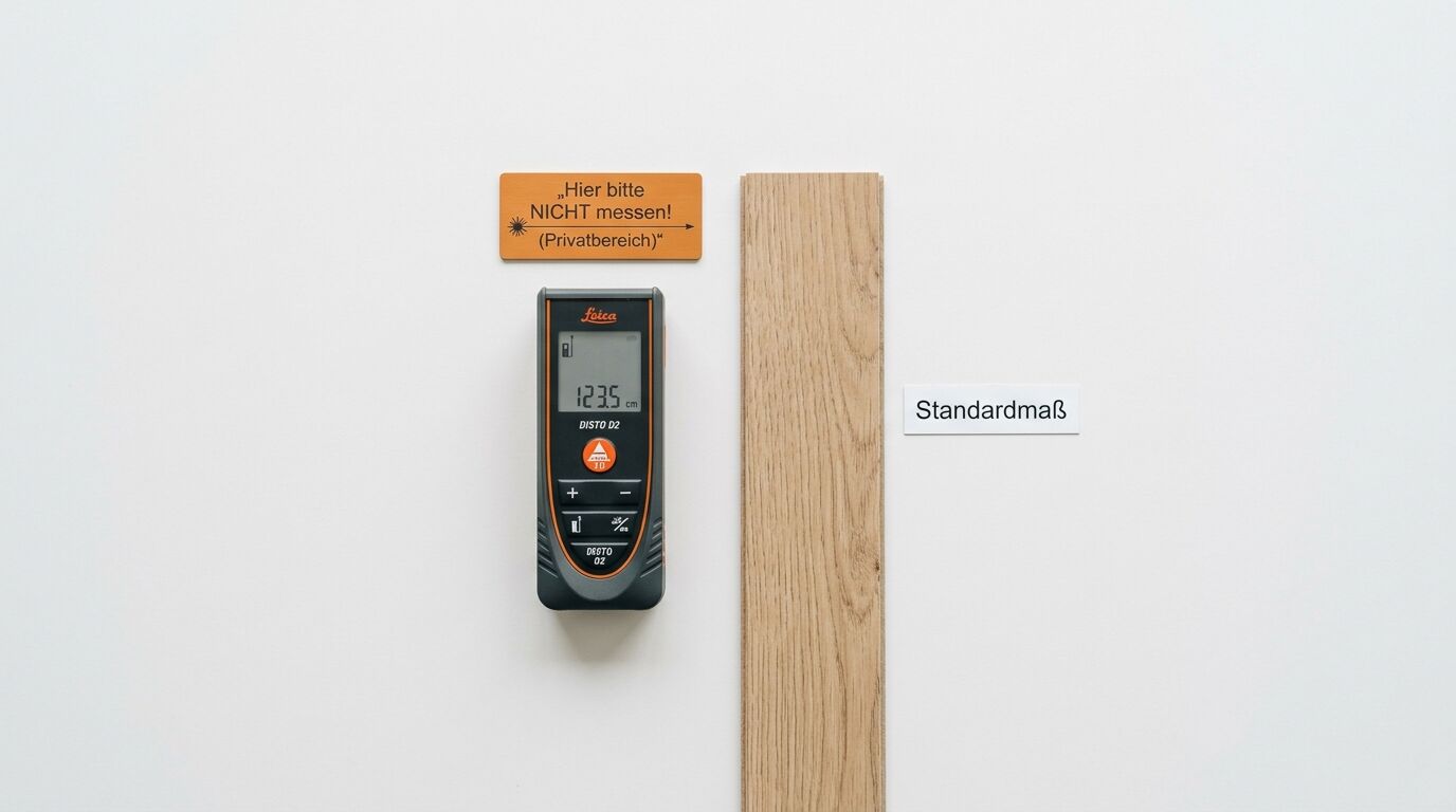 Ein Leica Disto D2, ein Holzbrett, ein Hinweisschild und ein „Standardmaß“-Schild vor weißer Wand