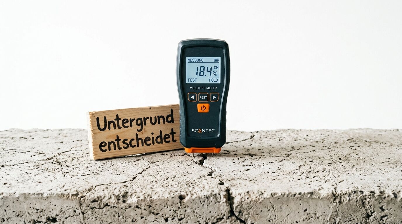 Ein Feuchtigkeitsmesser auf Beton neben einem Holzblock mit der Aufschrift „Untergrund entscheidet“