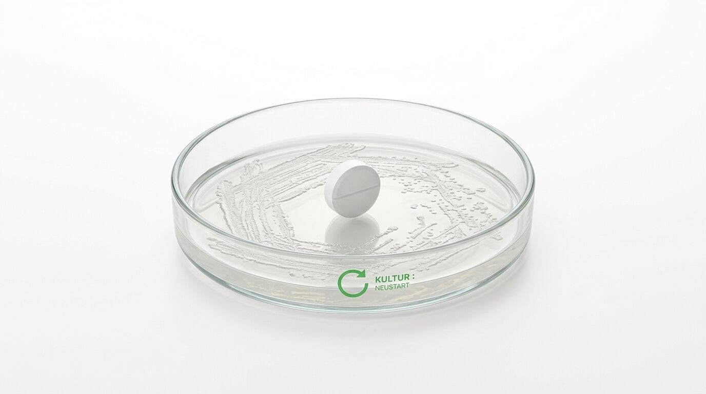 Petrischale mit Nährboden, Tablette, Keimen und Logo: „C KULTUR:NEUSTART“