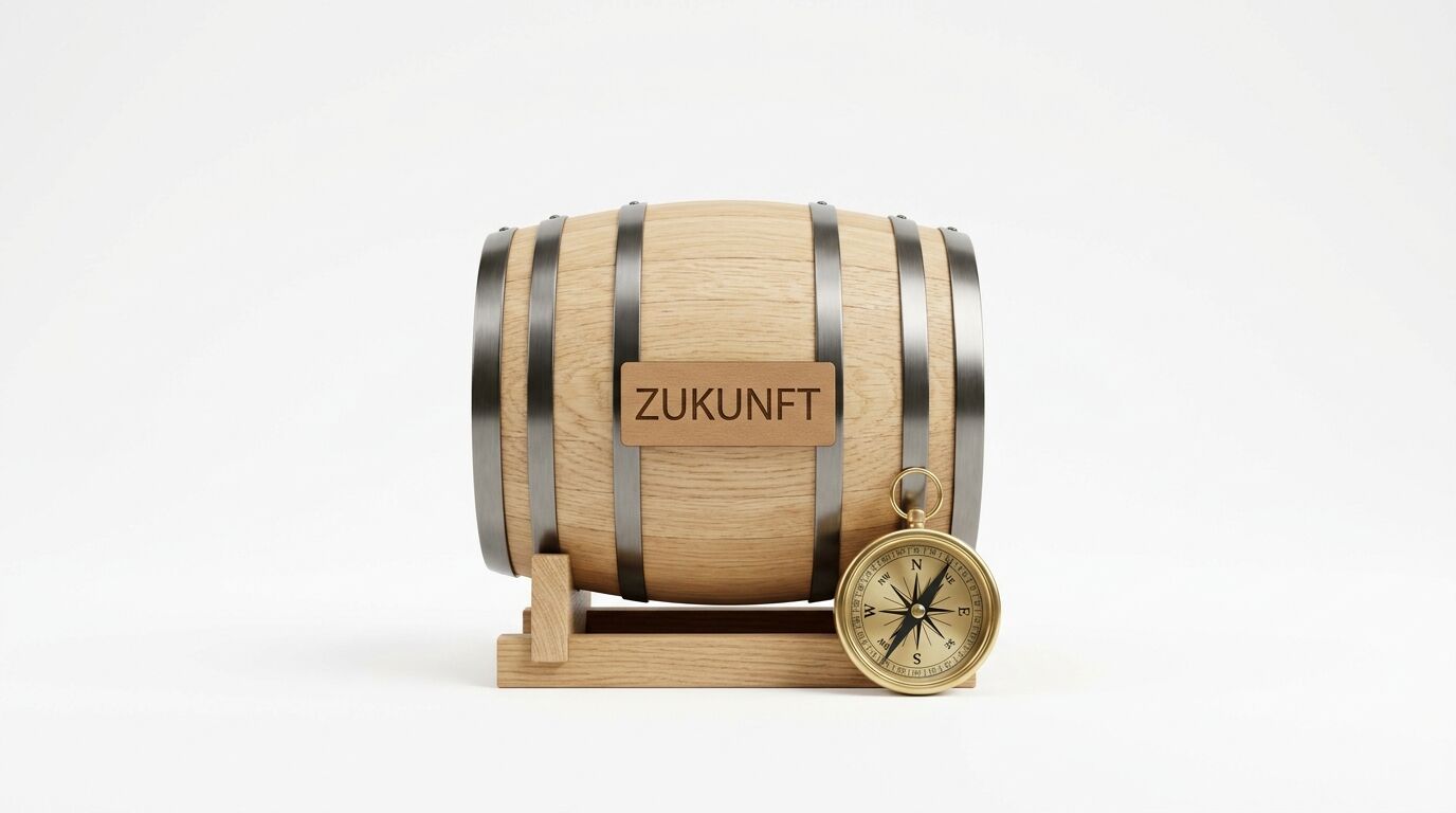 Holzfass auf Ständer mit dem Schild