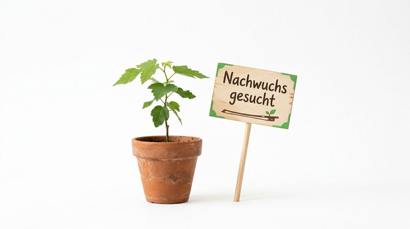Pflanze im Tontopf und Schild mit Text „Nachwuchs gesucht“ auf weißem Grund