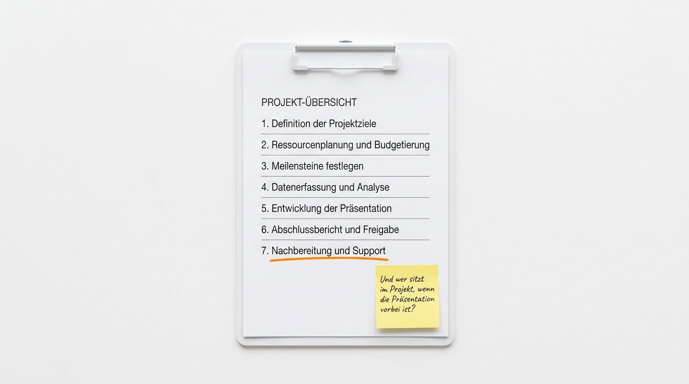Klemmbrett mit Projekt-Übersicht und sieben nummerierten Punkten, gelber Notizzettel mit Frage zur Präsentation