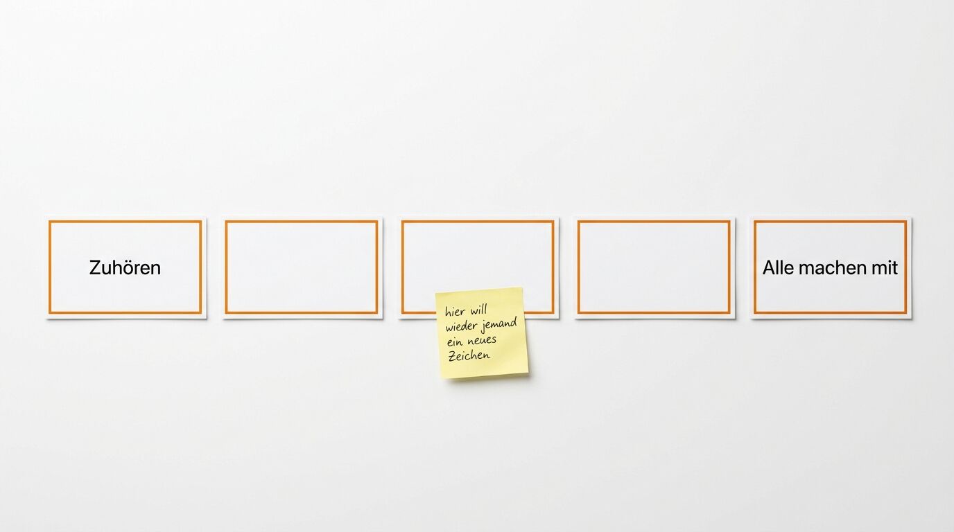 Fünf orange umrandete leere Rechtecke mit den Beschriftungen "Zuhören" und "Alle machen mit". Eine gelbe Notiz besagt "hier will wieder jemand ein neues Zeichen"