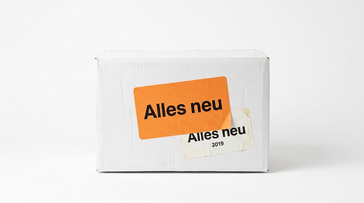 Weißer Karton mit orangem Label "Alles neu" und beigem Aufkleber "Alles neu 2019"