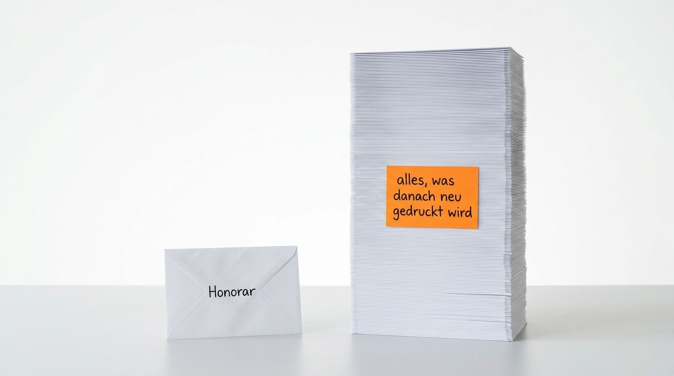 Ein weißer Umschlag mit "Honorar" und ein großer Stapel Papier mit orangem Aufkleber "alles, was danach neu gedruckt wird"