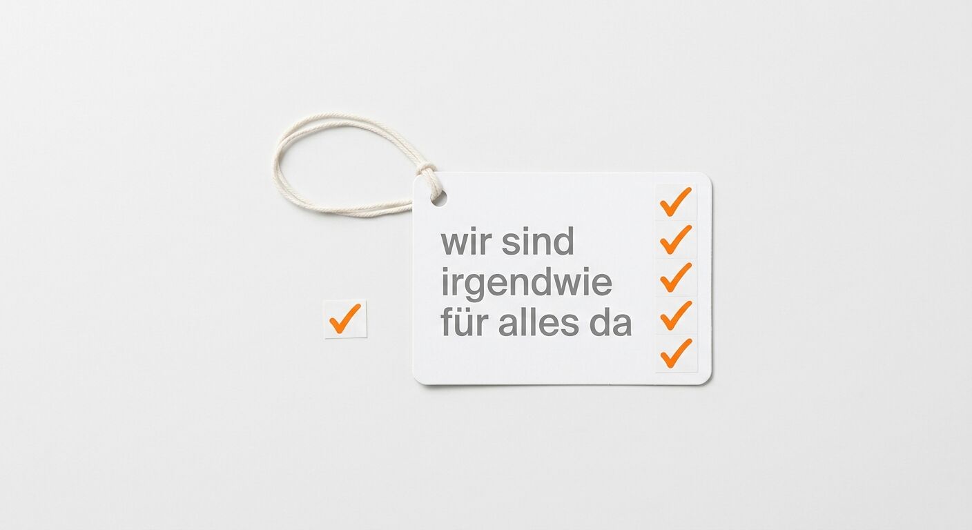 Ein Etikett mit Kordel zeigt den Text "wir sind irgendwie für alles da" mit orange Häkchen auf weißem Hintergrund