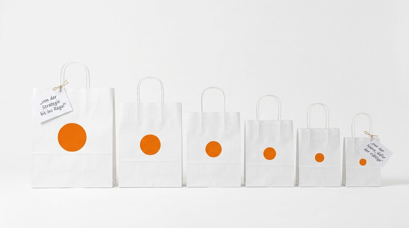 Sieben weiße Papiertüten in abnehmender Größe mit orangenen Kreisen und Etiketten mit deutschem Text