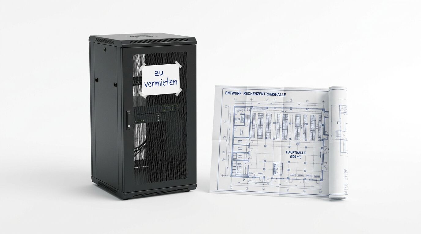 Server-Rack mit „zu vermieten“-Schild und Grundriss-Blaupause