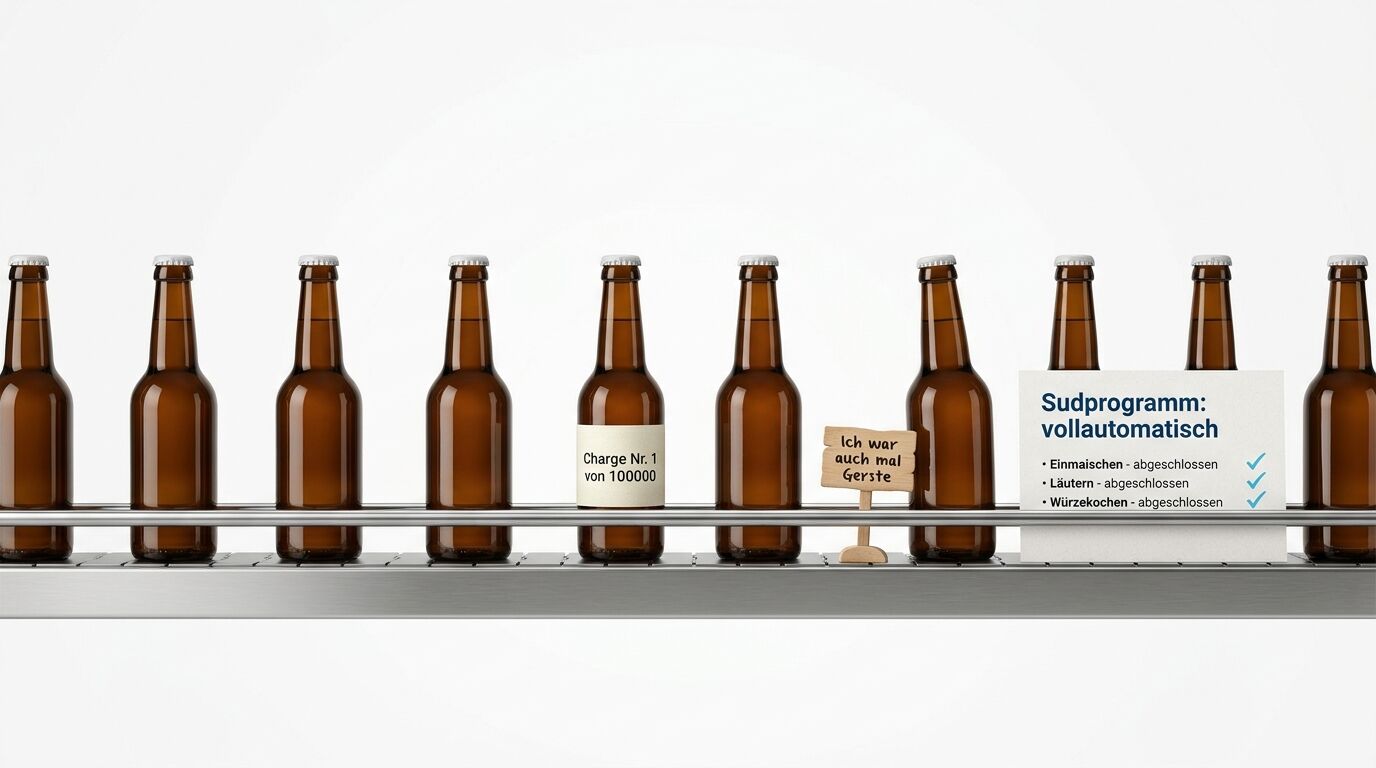 Bierflaschen auf Förderband, Etiketten und Schildern mit Produktbeschreibungen und Status
