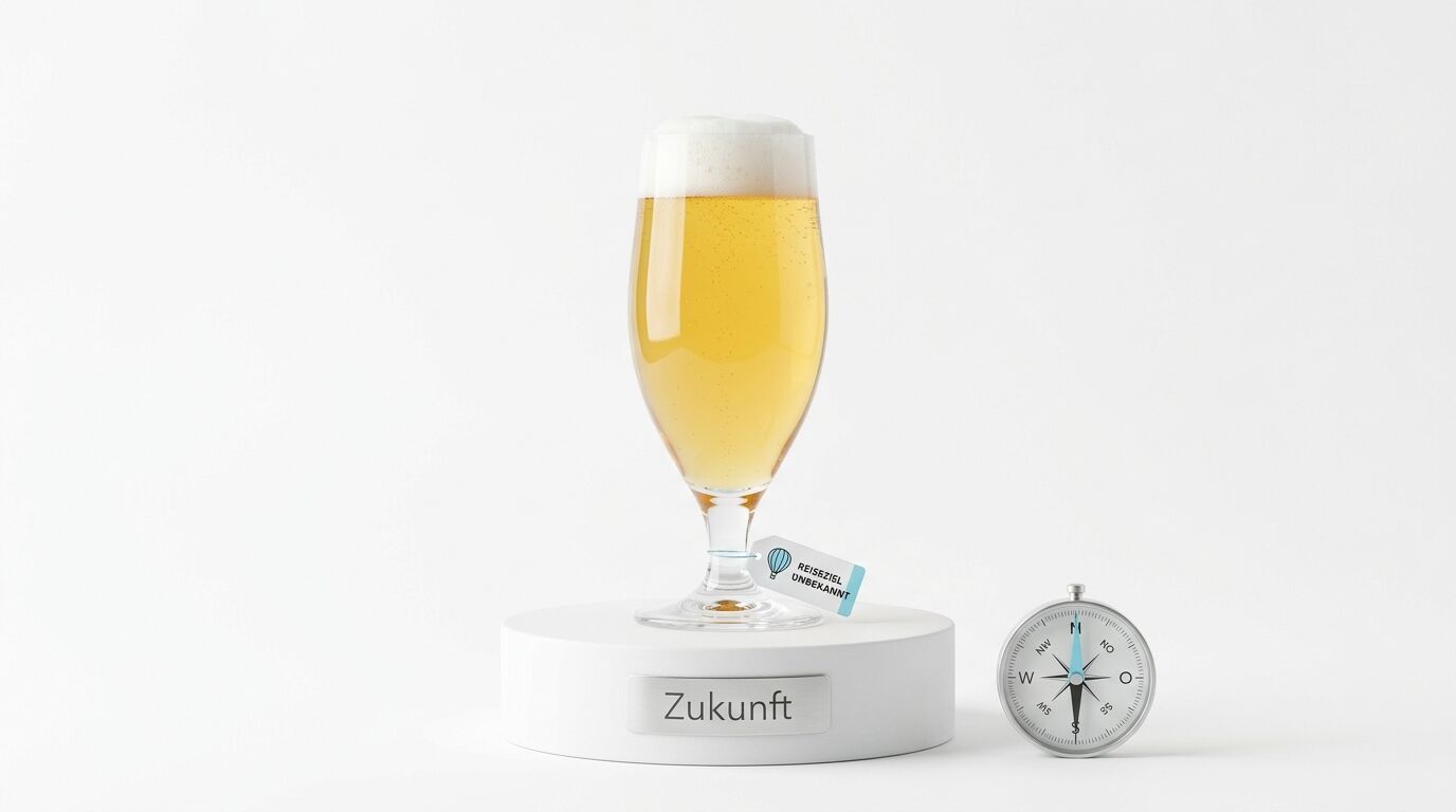 Ein Bierglas mit Schaum auf einem Sockel mit dem Wort „Zukunft“, daneben ein Kompass