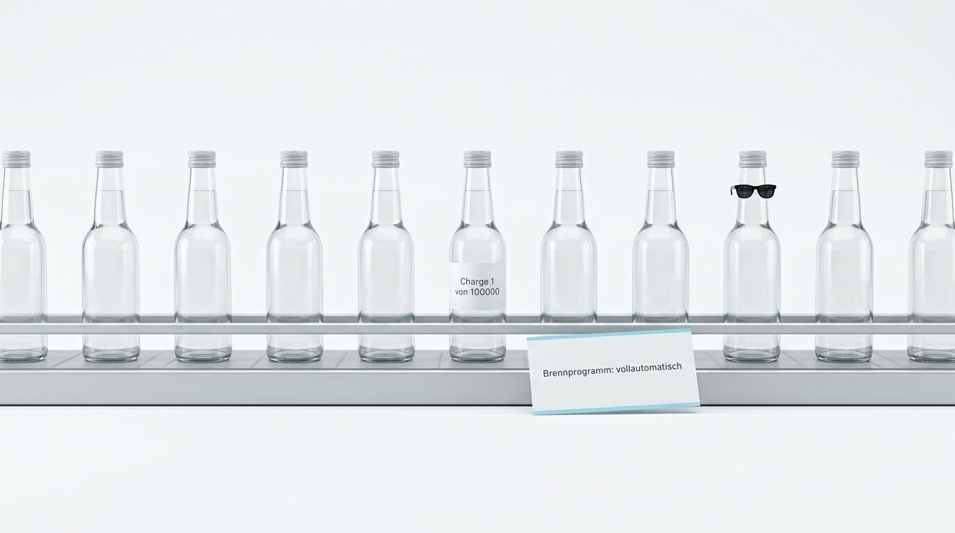 Flaschenband mit beschrifteter Flasche, Sonnenbrillen-Flasche und Programmzettel davor