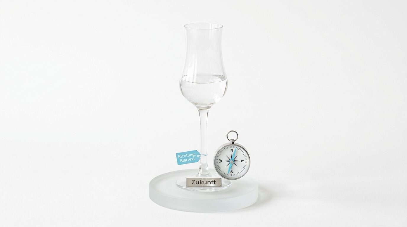 Ein Glas, ein Kompass und ein Metallschild mit dem Wort