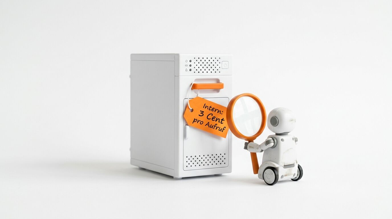 Kleiner Roboter mit Lupe vor weißem Serverschrank, an dem ein orangefarbenes Preisschild hängt