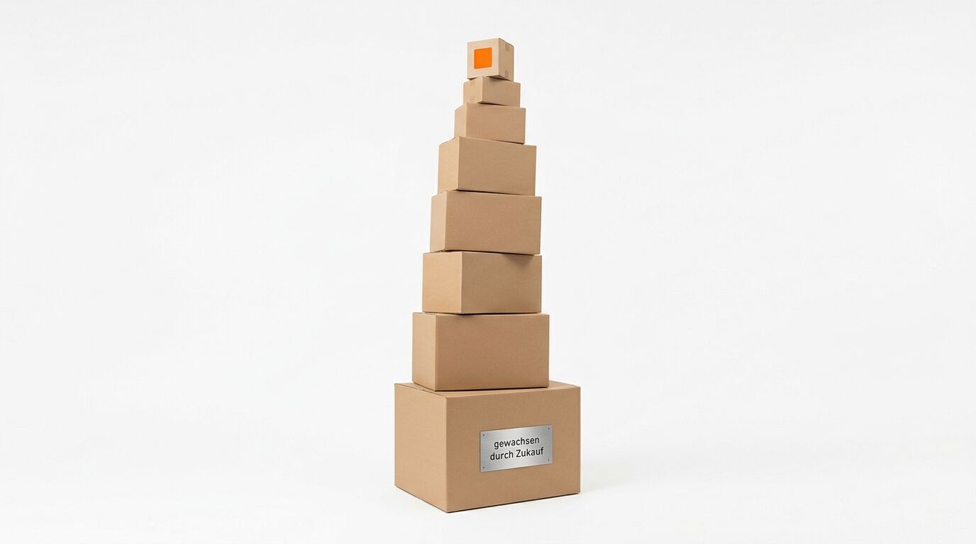 Stapel Kartons, unten Text „gewachsen durch Zukauf“, oben orangefarbener Akzent