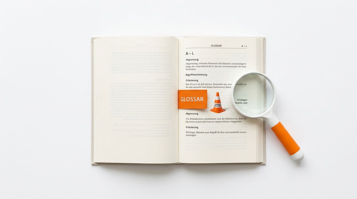 Geöffnetes Buch mit Lupe, orangefarbener Lesezeichenleiste und Warnkegelbild