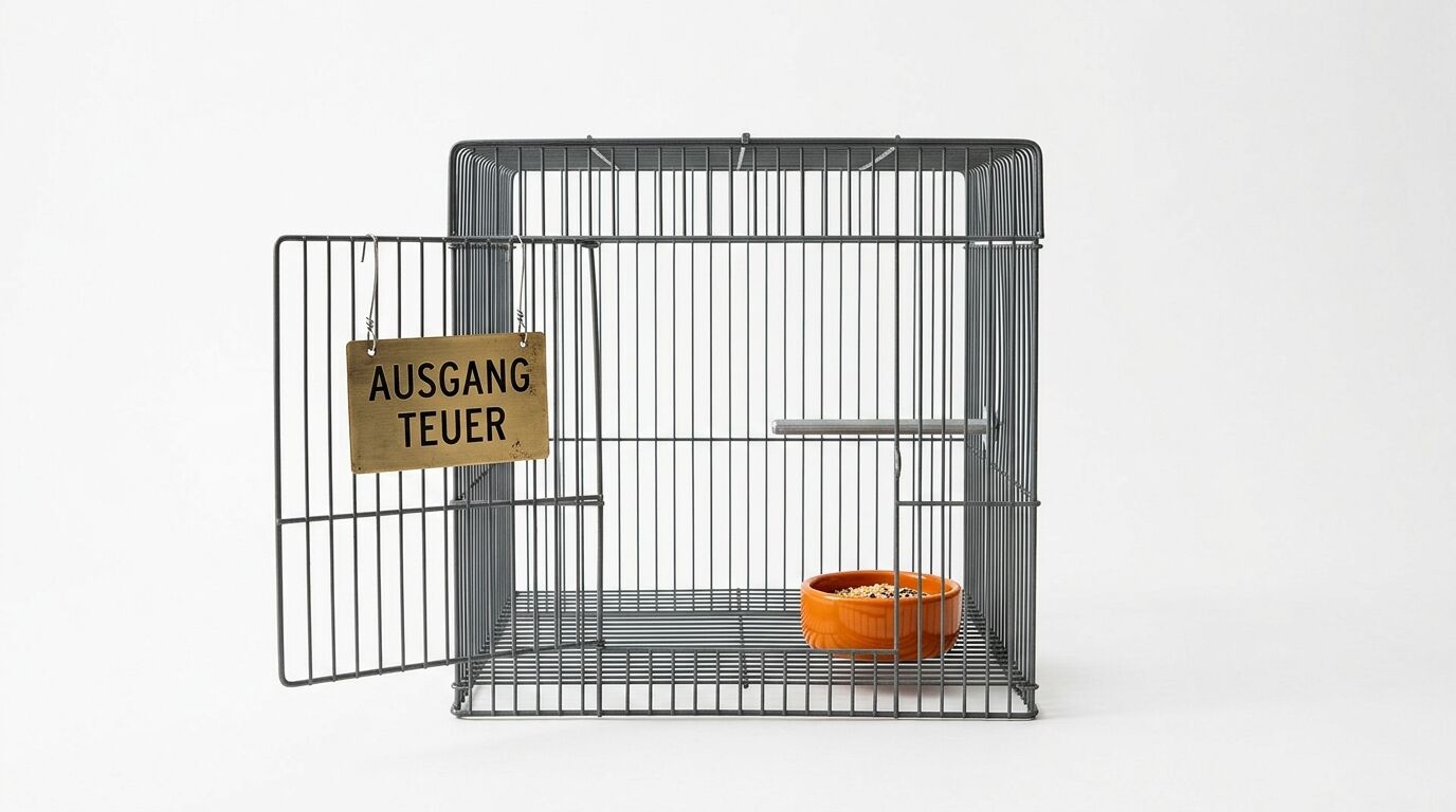 Ein leerer Gitterkäfig vor weißem Hintergrund mit einem Schild „AUSGANG TEUER“ an der Tür