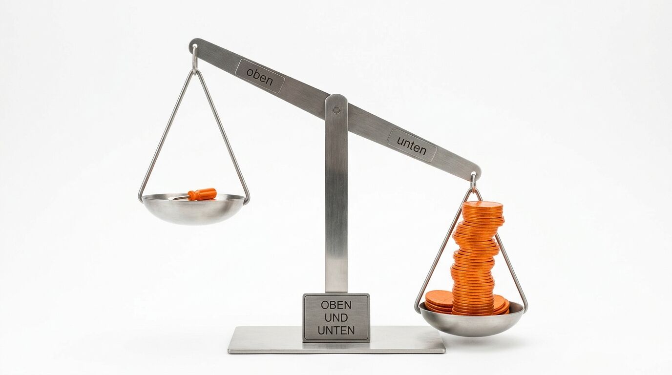 Eine Metallbalkenwaage mit Geldstapel links, Schraubendreher rechts und den Worten „oben“, „unten“