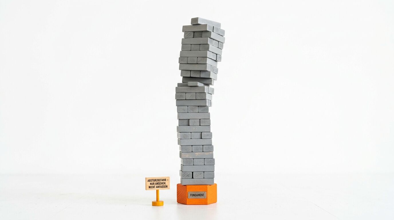 Wackeliger Holzturm auf orangefarbenem Sockel mit Warnschild davor