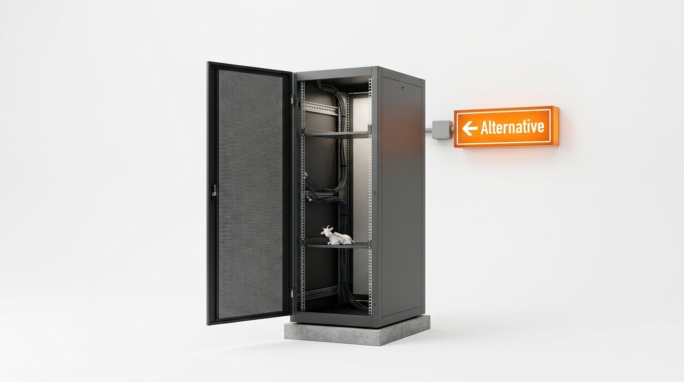 Offener Serverschrank mit Schaf-Figur und orangefarbenem Schild „←Alternative“