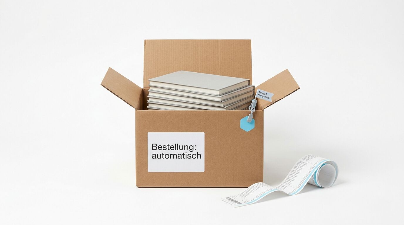 Offener Karton mit Büchern und Etikett „Bestellung: automatisch“ vor weißem Hintergrund