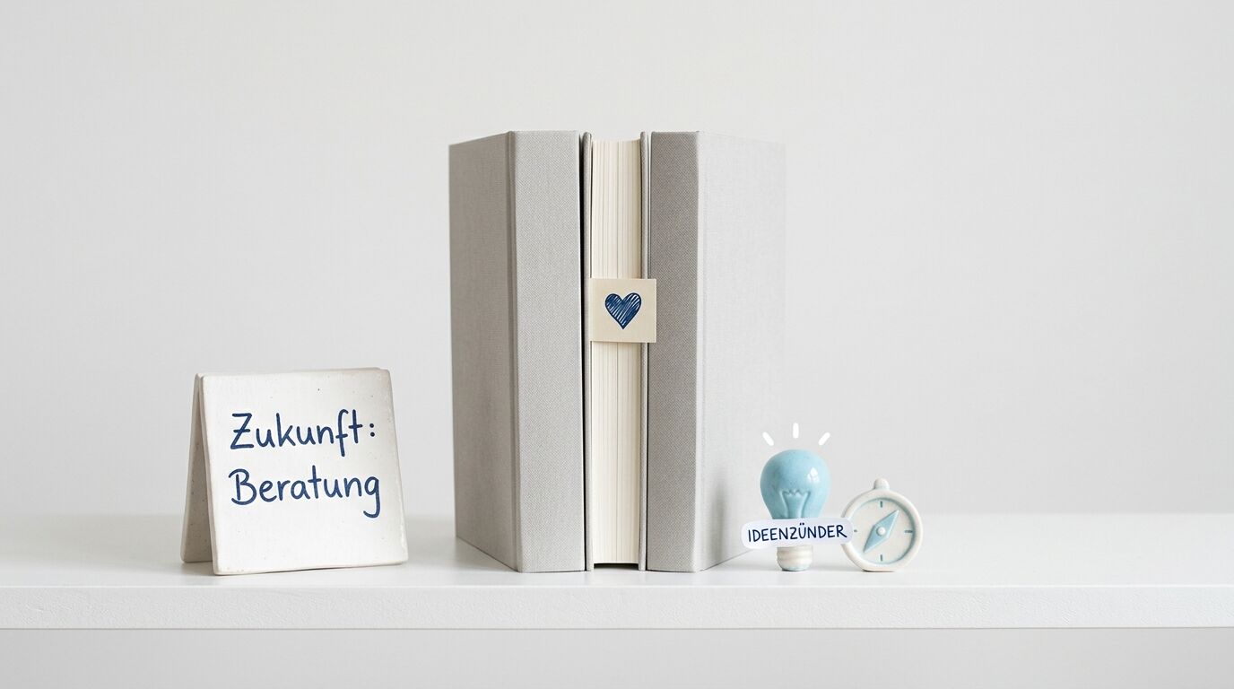 Zwei Bücher mit Herzsymbol neben einer Tafel mit dem Text 'Zukunft: Beratung'