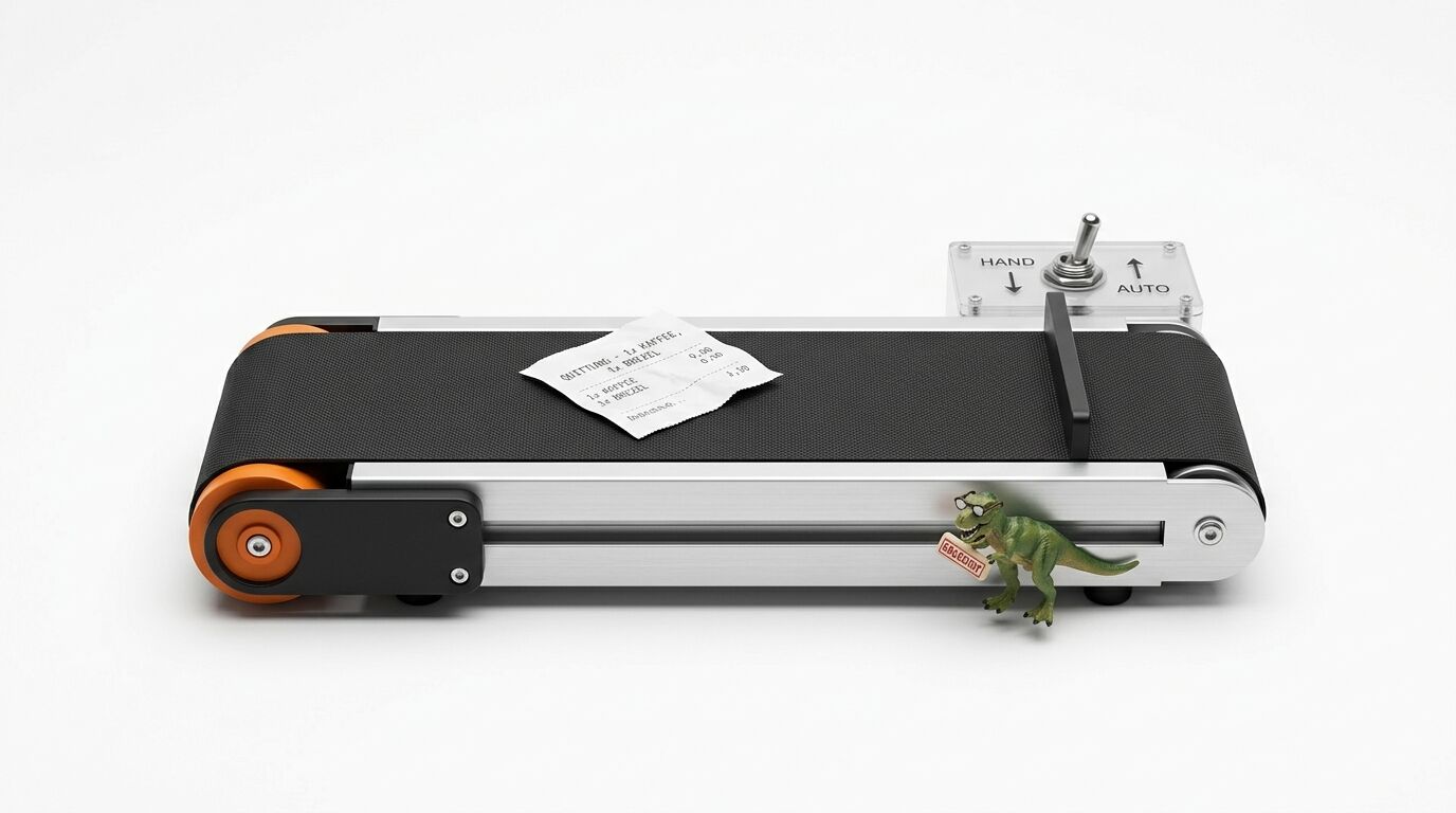 Kompaktes Förderband mit Kassenzettel, Schalterbox und kleiner Dinosaurierfigur